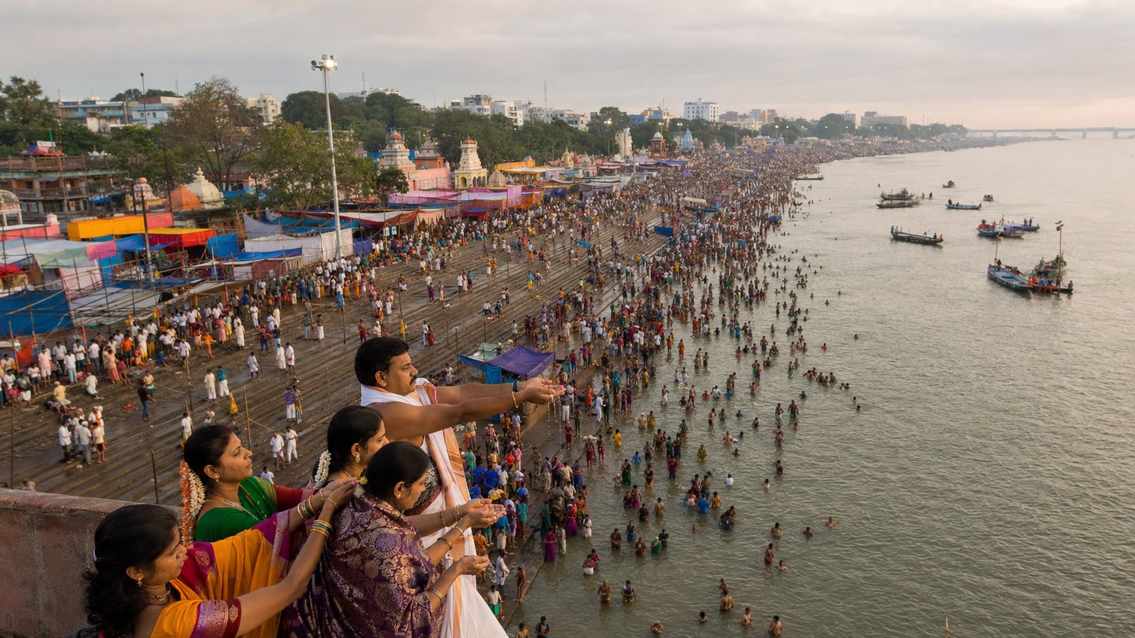 Crowded bathing ghats along the Godavari, Pushkaralu